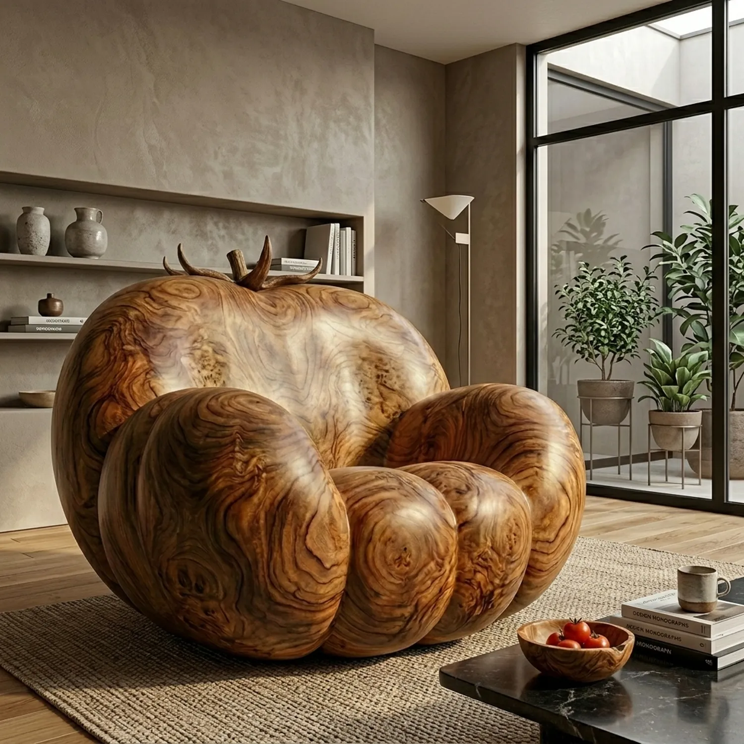 Wooden Tomato Shaped Lounge Chair Artistic Vegetable Silhouette Wood Furniture