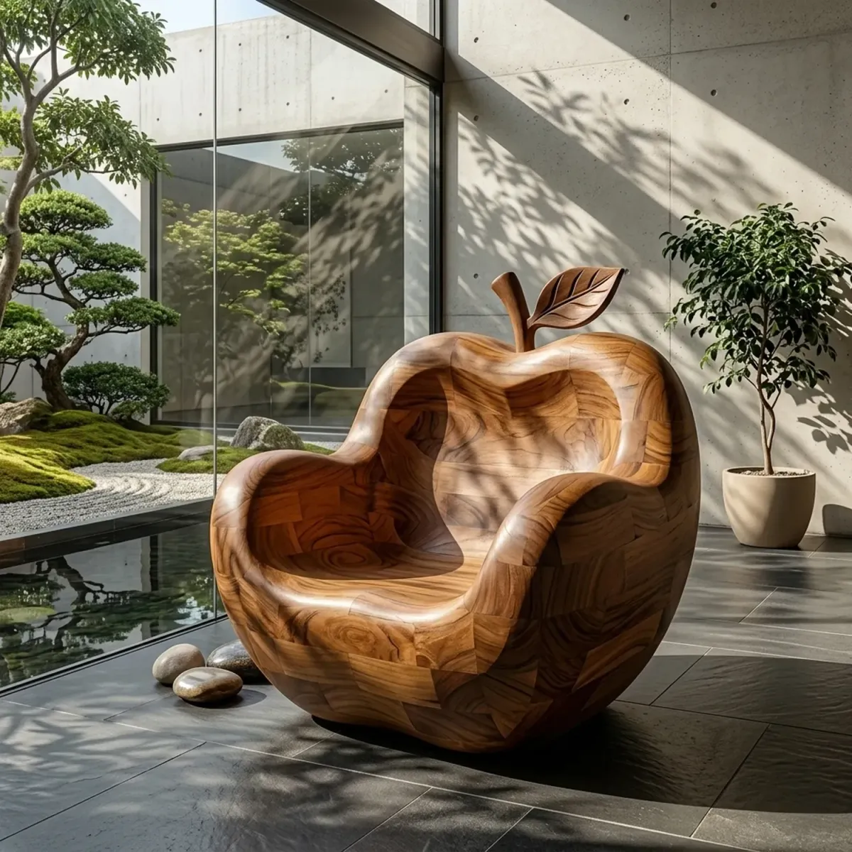 Wooden Apple Shaped Lounge Chair Artistic Fruit Silhouette Carved Seating