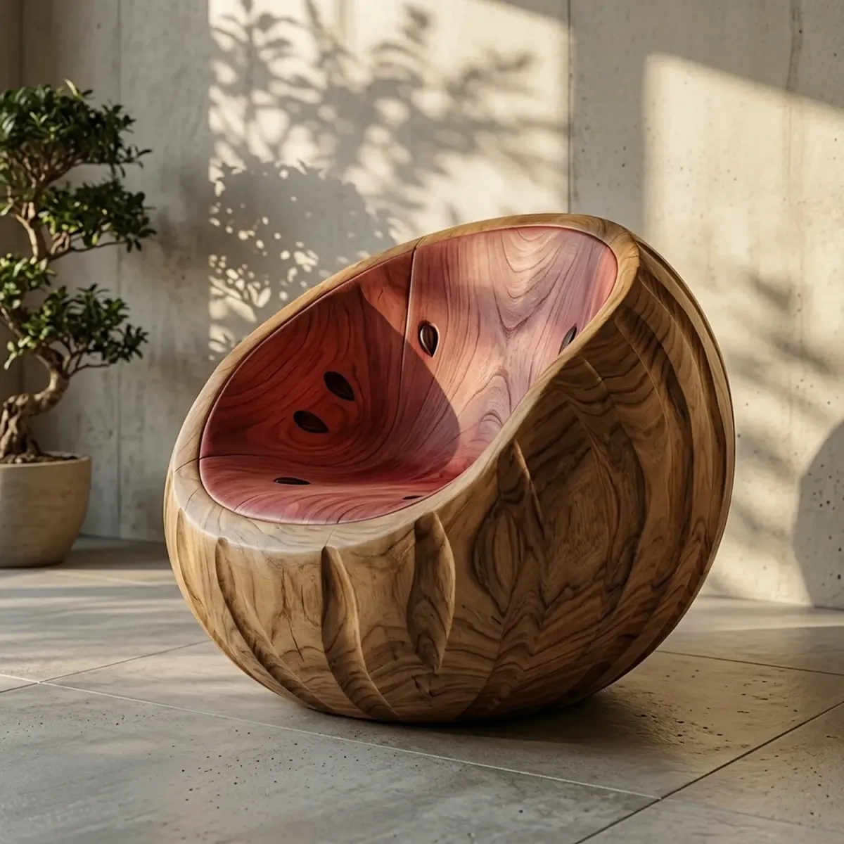 Wooden Watermelon Slice Lounge Chair Artistic Fruit Silhouette Outdoor Seating