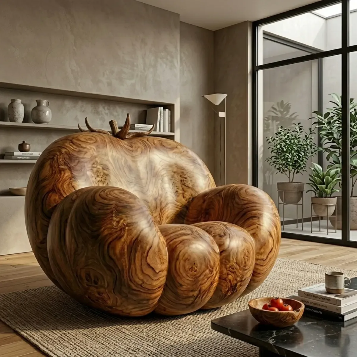Wooden Tomato Shaped Lounge Chair Artistic Vegetable Silhouette Wood Furniture