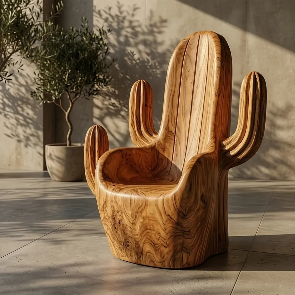 Wooden Cactus Shaped Armchair Desert Theme Nature Inspired Carved Seating